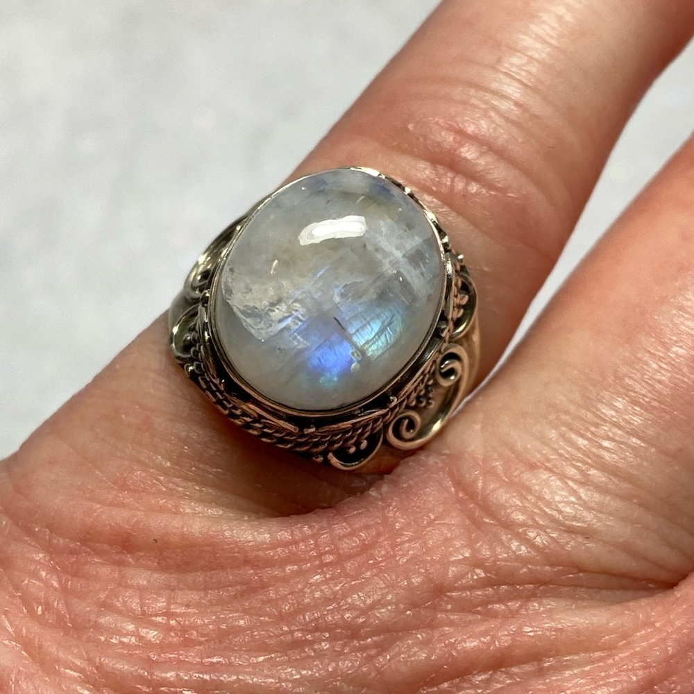 Rainbow Moonstone ring set in sterling silver